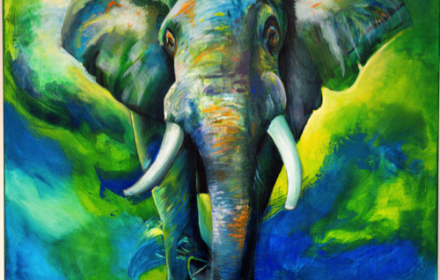 Schilderij van Cindy Beernink, geinspireerd door PostgreSQL en de huisstijl kleuren van OptimaData