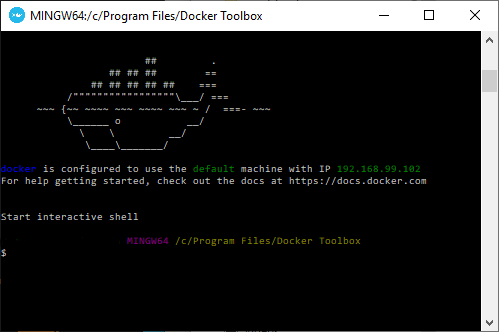 the whale (Docker logo) Docker Quickstart Terminal