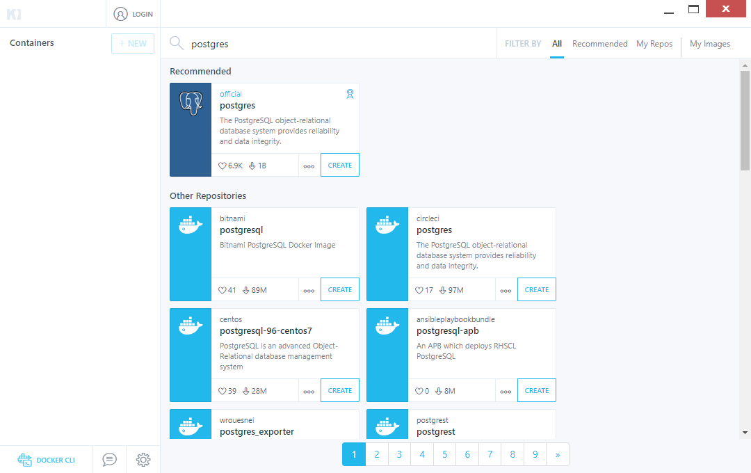 Kitematic screenshot PostgreSQL image selection