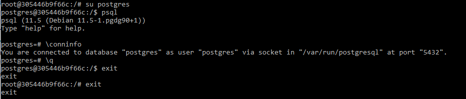 screenshot after su postgres psql conninfo and \q